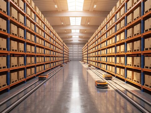 Automated warehouse interior with robotic pallet movers and racking aisles for logistics storage and fulfillment background