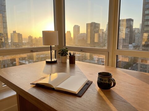 Sunlit executive desk with open notebook coffee mug and city skyline view for workspace background and office interior