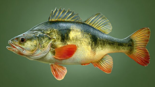 fishing trophy featuring a big freshwater perch swimming in clear water against a vibrant green natural background, wildlife sport fishing concept with healthy river fish and underwater aquatic habita