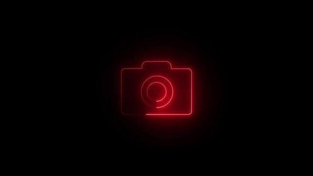 Glowing neon camera icon animation for recording and film concept with pictogram style on a dark black background.