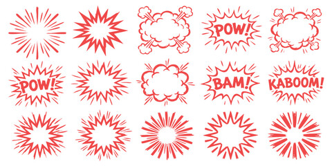 Set of colorful comic book explosion speech bubbles and action sound effect burst shapes for graphic design © ZenVectors