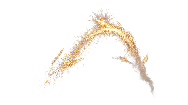 Golden magic spark trail with glowing particles, ethereal light burst effect on white background, shimmering gold energy streak for design