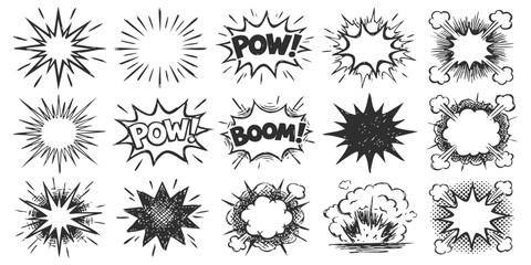 Set of comic book explosion speech bubbles and action sound effect burst shapes in black and white ink style © ZenVectors
