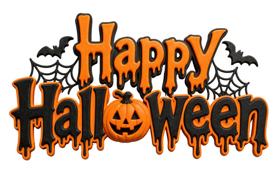 Happy Halloween lettering banner, orange black dripping typography with pumpkin and bats, spooky greeting isolated PNG with Transparent Background