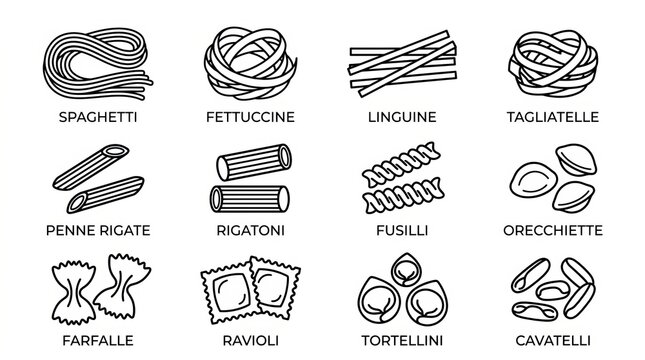 Assorted Italian pasta shapes and types illustrated on white background.