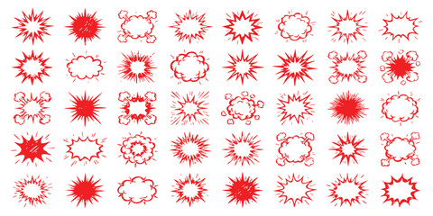 Set of red comic book style explosion speech bubbles and starburst shapes for graphic design and animation © ZenVectors