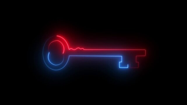 Glowing neon key icon animation on black background for security and privacy.