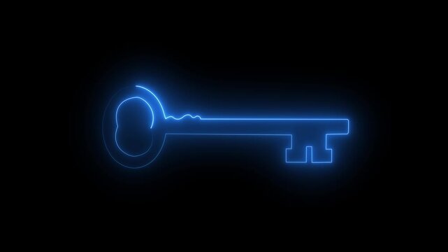 Glowing neon key icon animation on black background for security and privacy.