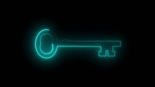 Glowing neon key icon animation on black background for security and privacy.