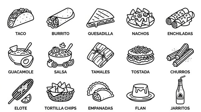Assorted colorful icons of various healthy food ingredients and spices.
