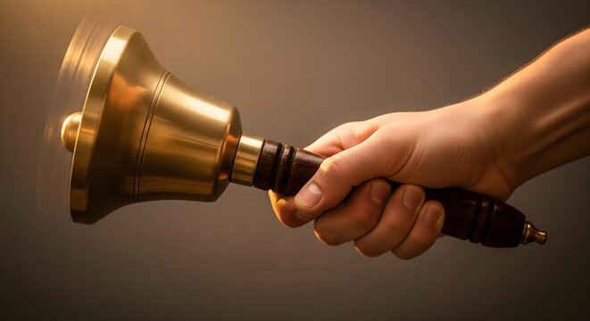 Hand ringing a brass handbell to signal alert on brown background