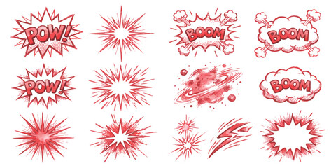 Set of colorful comic book explosion speech bubbles with sound effects like pow and boom for graphic design © ZenVectors