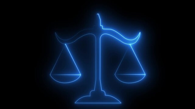 Glowing neon justice scales icon animation on black background. Court law balance symbol design.