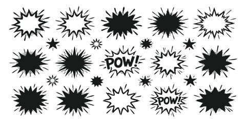 Obraz premium Set of black and white comic book style speech bubbles explosion shapes and star icons for graphic design