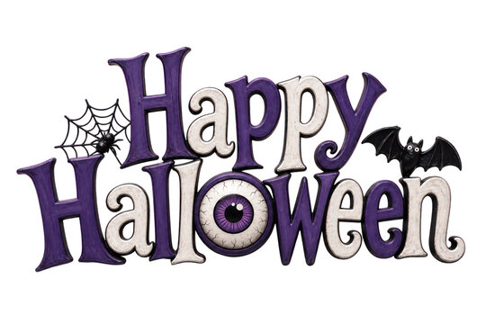 happy Halloween typography, purple spooky lettering with eye and bats, festive holiday design isolated PNG with Transparent Background