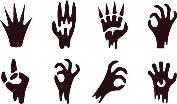 Collection of creepy silhouette hand gestures and creature footprints for horror themes