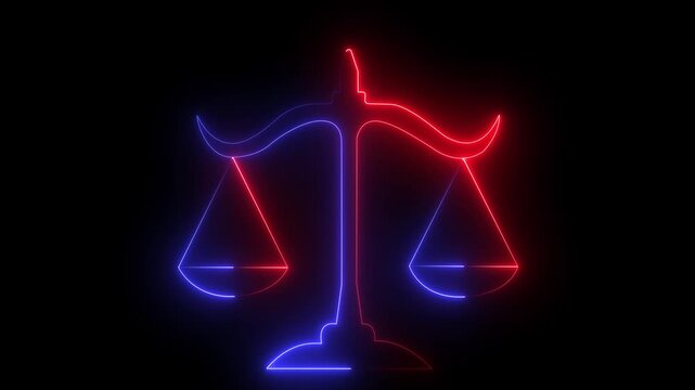 Glowing neon justice scales icon animation on black background. Court law balance symbol design.