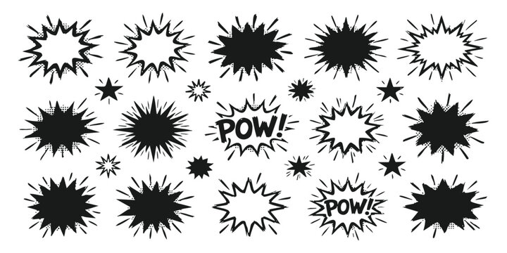 Set of black and white comic book style speech bubbles explosion shapes and star icons for graphic design