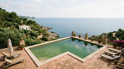 Fototapeta premium Luxury villa with infinity pool overlooking the Mediterranean Sea, coastal landscape
