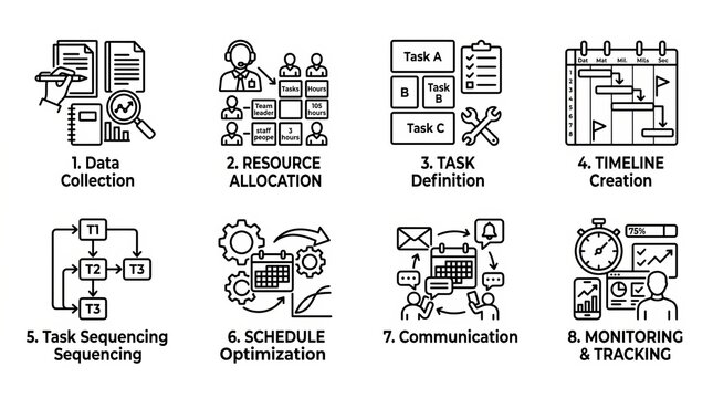 Collection of Flat Design Icons Representing Various Business Processes and Workflows.