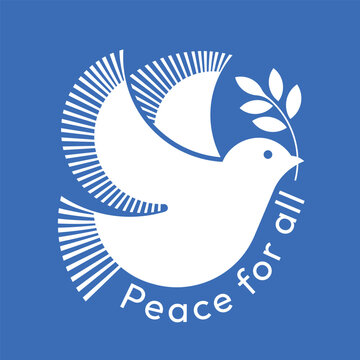 Peace for all text and white bird of peace hold leaf with line wings on blue background vector design