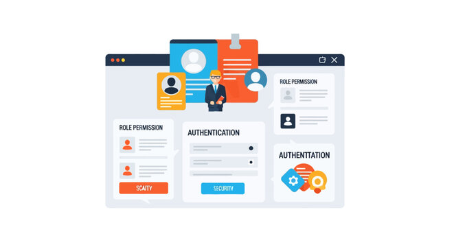 Digital user management system interface with authentication login, role permissions, and access control. Secure web application for identity verification and administration.