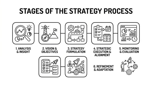 Illustrated Stages of Strategic Business Planning Process Diagram.