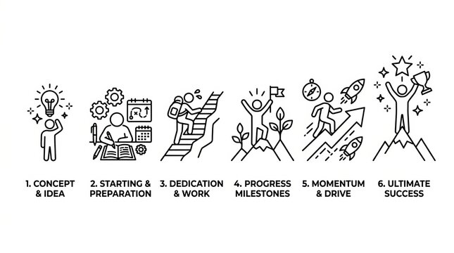 Illustration of six progressive stages in human evolution from primate to modern man.