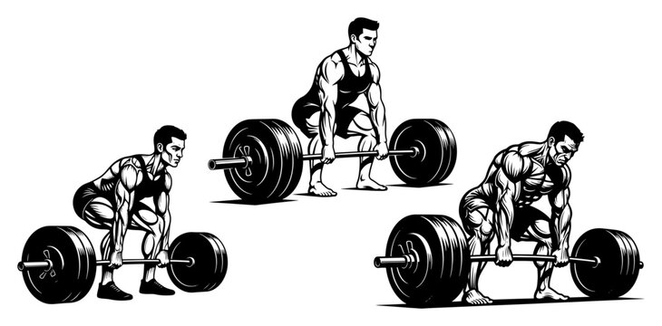 Bodybuilder lifting barbell in deadlift exercise woodcut style, gym workout and powerlifting strength training