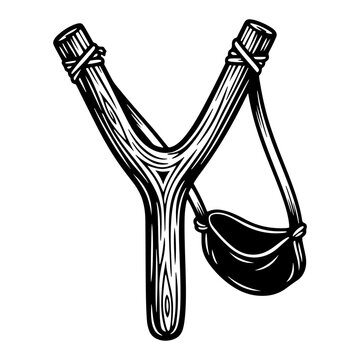 Vintage wooden slingshot woodcut style illustration, traditional catapult toy for outdoor fun and games