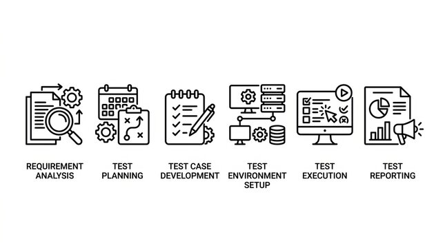 Illustration of software development lifecycle stages with icons and text labels.