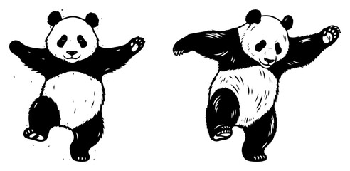 Dancing panda bear woodcut style illustration, cute giant panda animal character moving and having fun © Luka