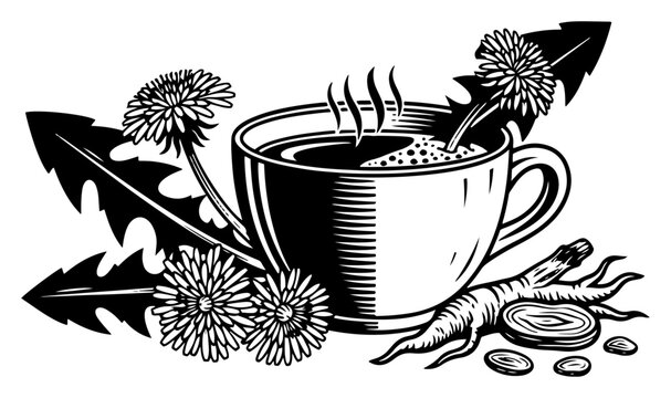 Dandelion tea or coffee cup woodcut style illustration, herbal root drink with flowers for healthy lifestyle