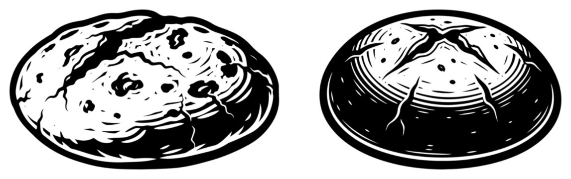 Round artisanal sourdough bread loaves woodcut style illustration, fresh baked crusty boules for bakery
