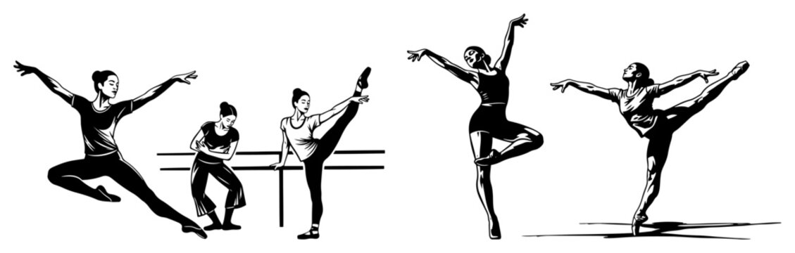 Ballerinas practicing at the barre and dancing woodcut style illustration, classical ballet poses in dance studio