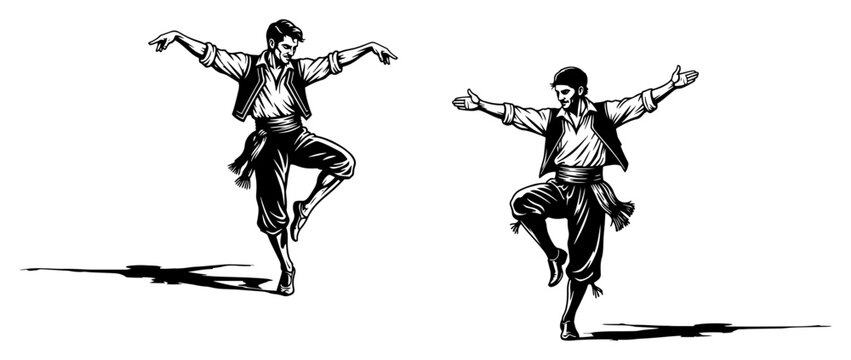 Traditional folk dancers in ethnic costumes woodcut style, men dancing Zorba or Balkan dance