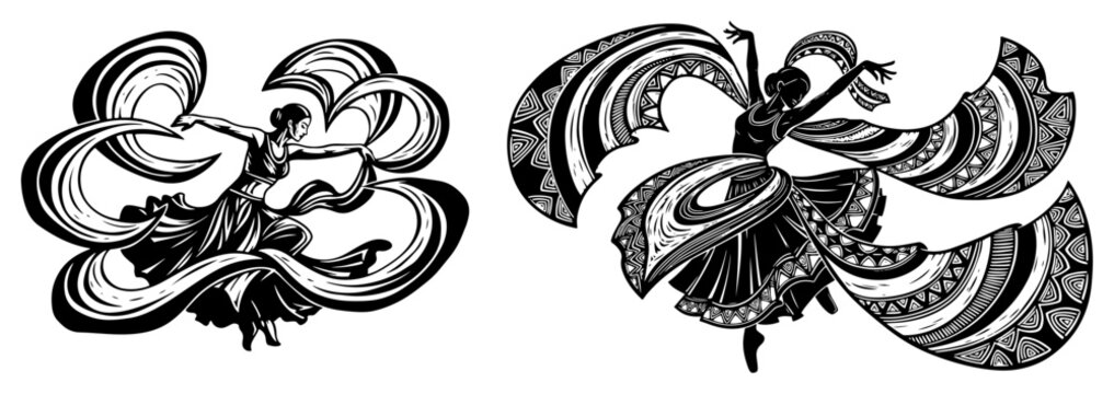 Ethnic belly dancer woodcut style illustration, oriental woman dancing with flowing fabric and tribal patterns