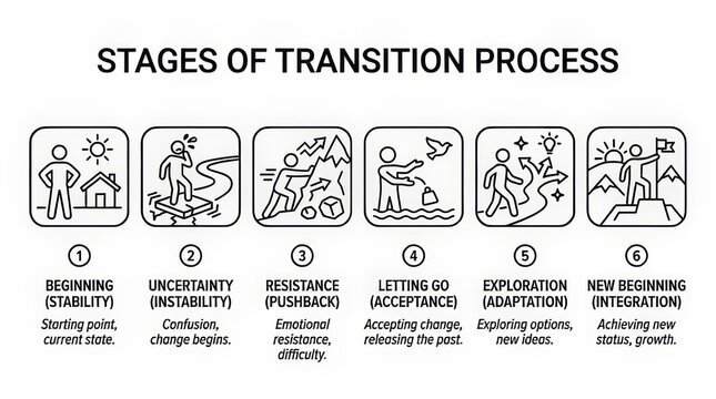 Illustrated Stages of Personal and Professional Transition Process Explained.
