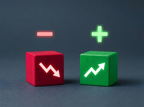 Red and green wooden cubes showing negative and positive financial growth trends