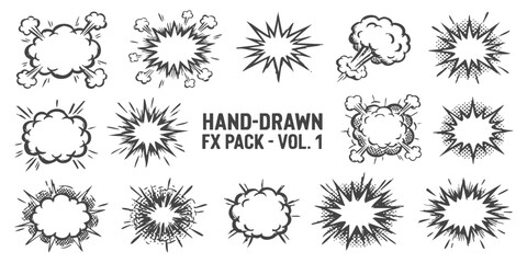 Set of hand drawn comic book style explosion effects and speech bubbles for graphic design and animation © ZenVectors
