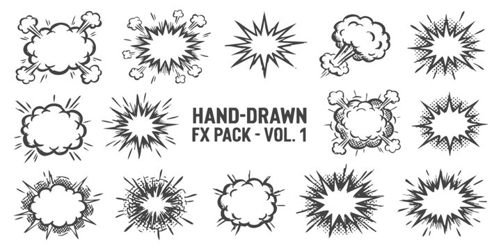 Set of hand drawn comic book style explosion effects and speech bubbles for graphic design and animation
