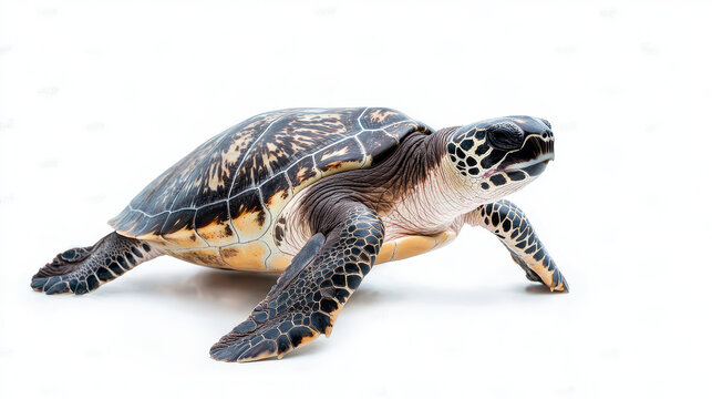 Beautiful sea turtle gracefully swims through water, showcasing its intricate shell patterns and vibrant colors. This majestic creature embodies