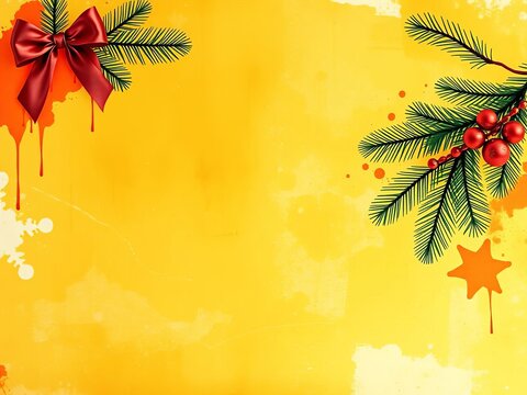 Elegant Christmas backdrop featuring distressed vintage grunge and watercolor paint stains on a warm yellow orange background with texture, vintage, winter
