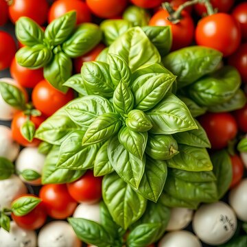 Fresh basil leaves stacked in a triangular shape, forming the green stripe of the Italian flag, surrounded by cherry tomatoes and mozzarella cheese balls, cherry tomatoes, flags