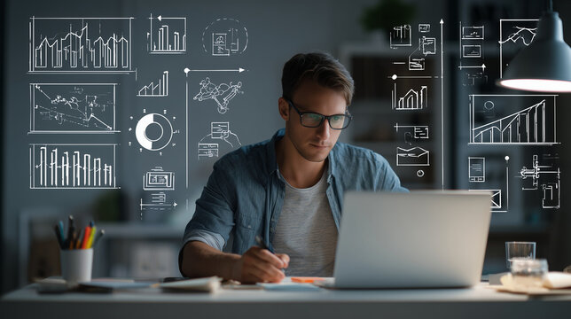 Man wearing glasses and denim shirt holding pen while studying laptop with hand-drawn data diagrams in dim home office