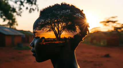 Double exposure of African woman with tree silhouette at sunset, concept, background © dvoevnore