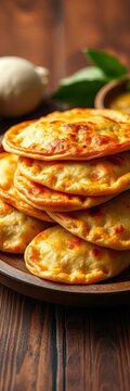 Golden brown pithas stacked on a wooden plate, golden brown, flaky texture
