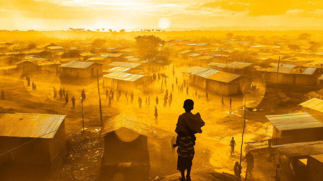 African village life scene with man silhouetted against sunset, serene atmosphere