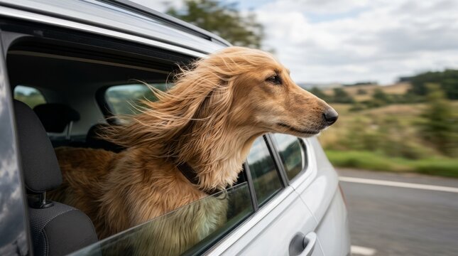 Dog with long fur enjoying car ride, head out window, wind blowing fur