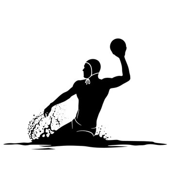 Water polo player throwing ball. Silhouette of athlete in pool with water splash effect.